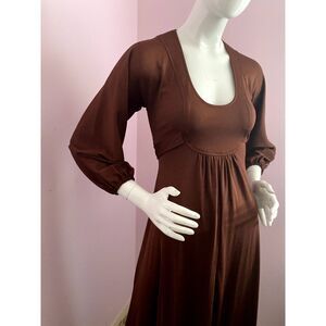 Vintage 70s Empire Waist Boho Maxi Dress SMALL Balloon Sleeve Festival Brown